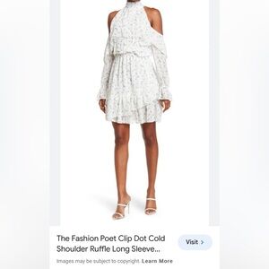 The Fashion Poet Clip Dot Cold Shoulder Ruffle‎ Long Sleeve Dress white size 8